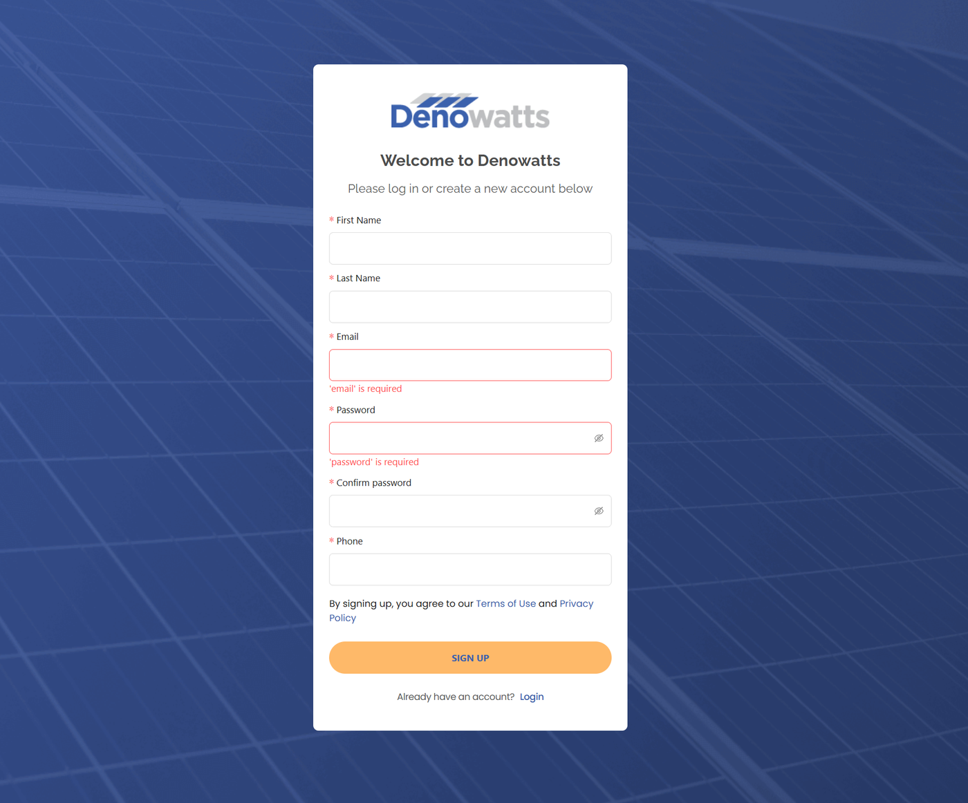 Denowatts Portal sign-up form