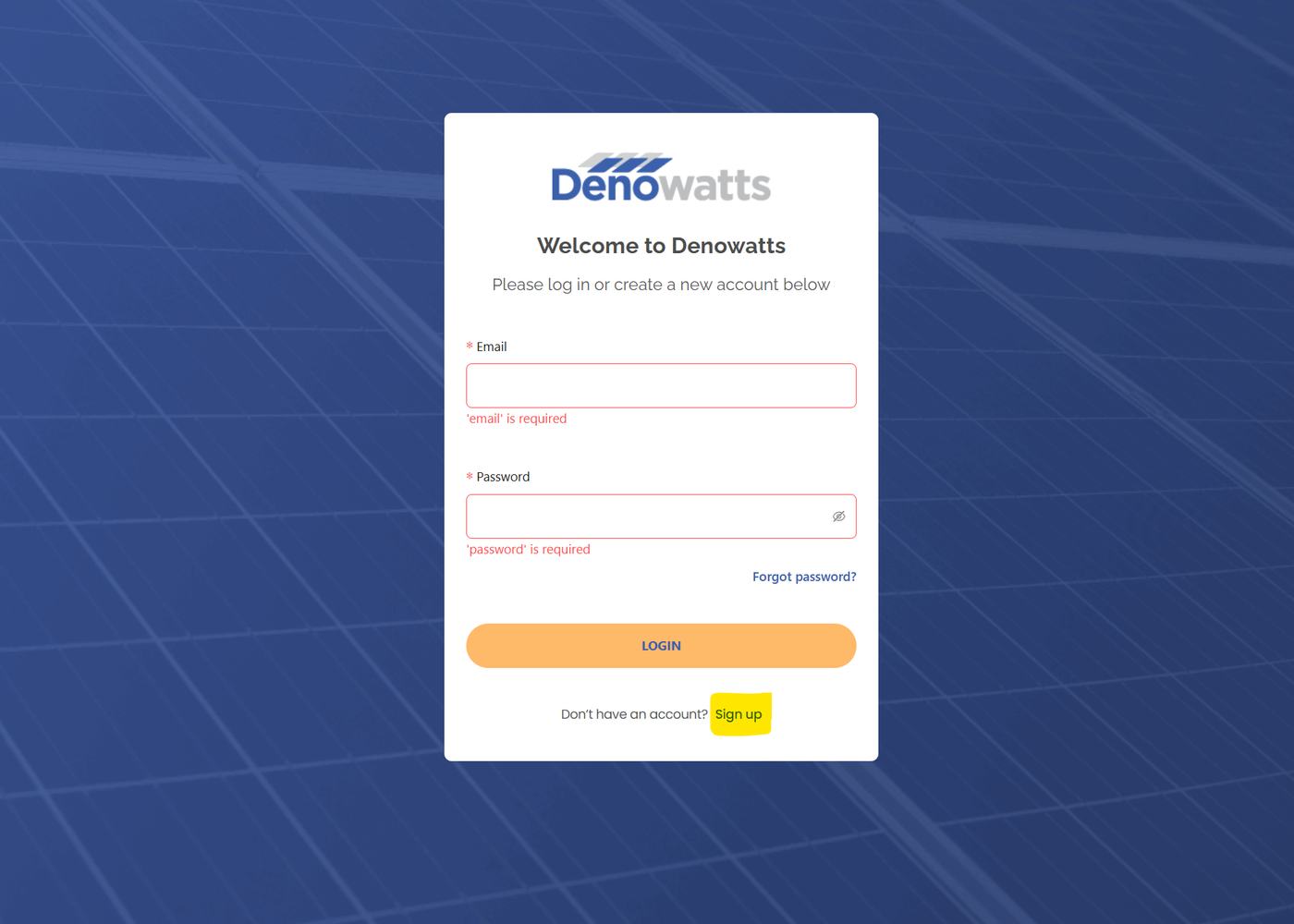 Denowatts Portal sign-in page with the Sign Up link
